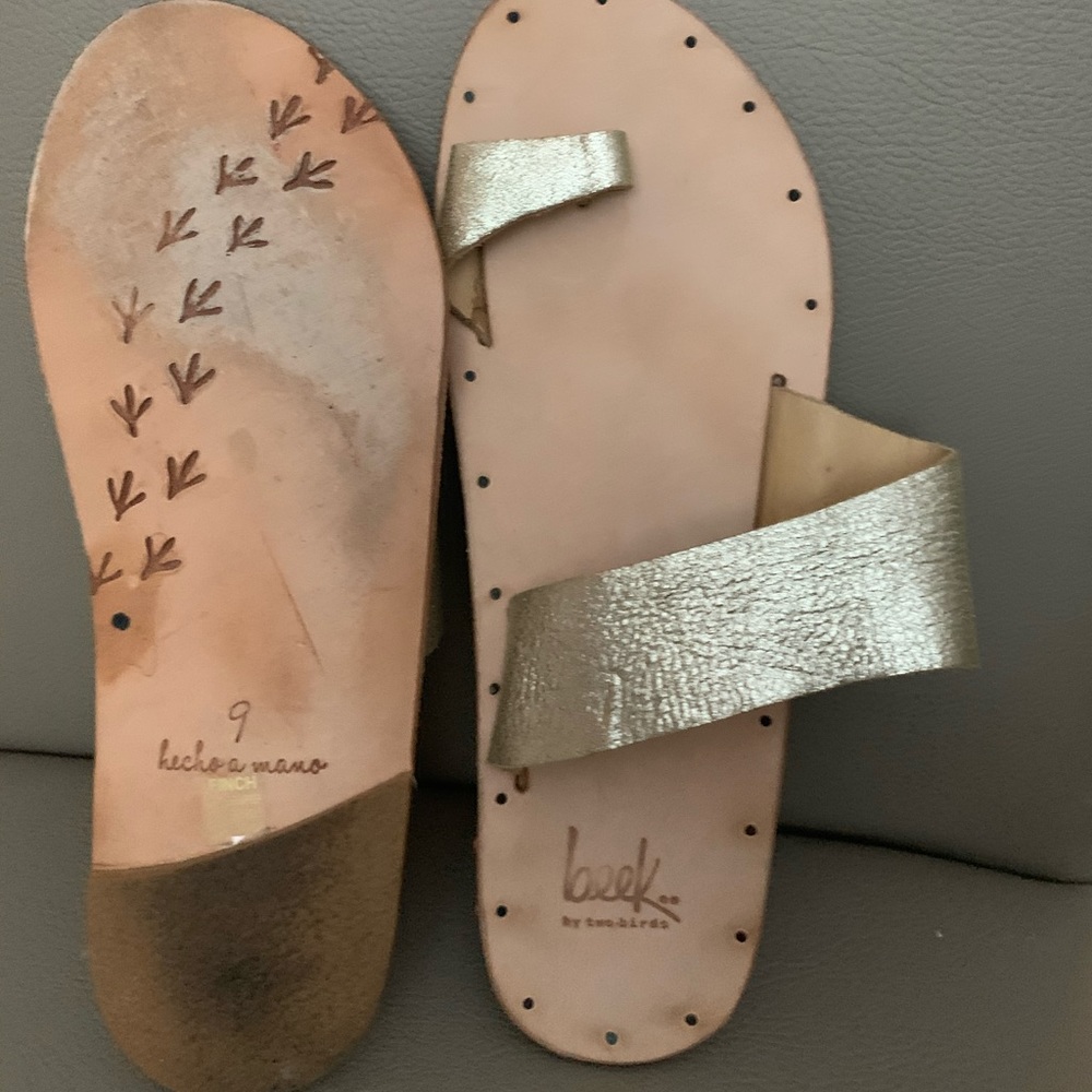Muted gold Beeks. Tan leather bottoms